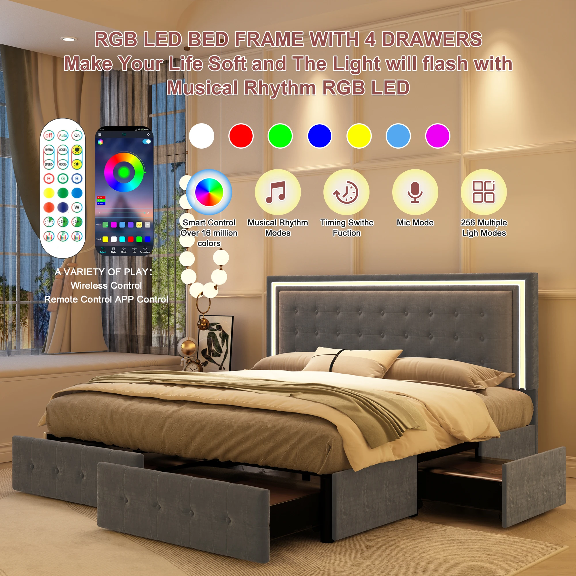 Queen Upholstered LED Storage Bed - Image 2