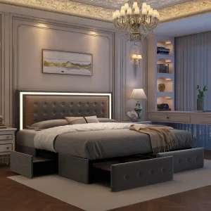 Queen Upholstered LED Storage Bed