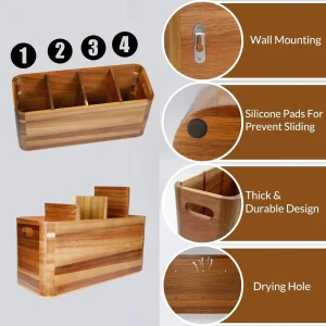 Extra Large Wooden Kitchen Utensil Holder – 4-Compartment Countertop Organizer - Thumbnail Image 3