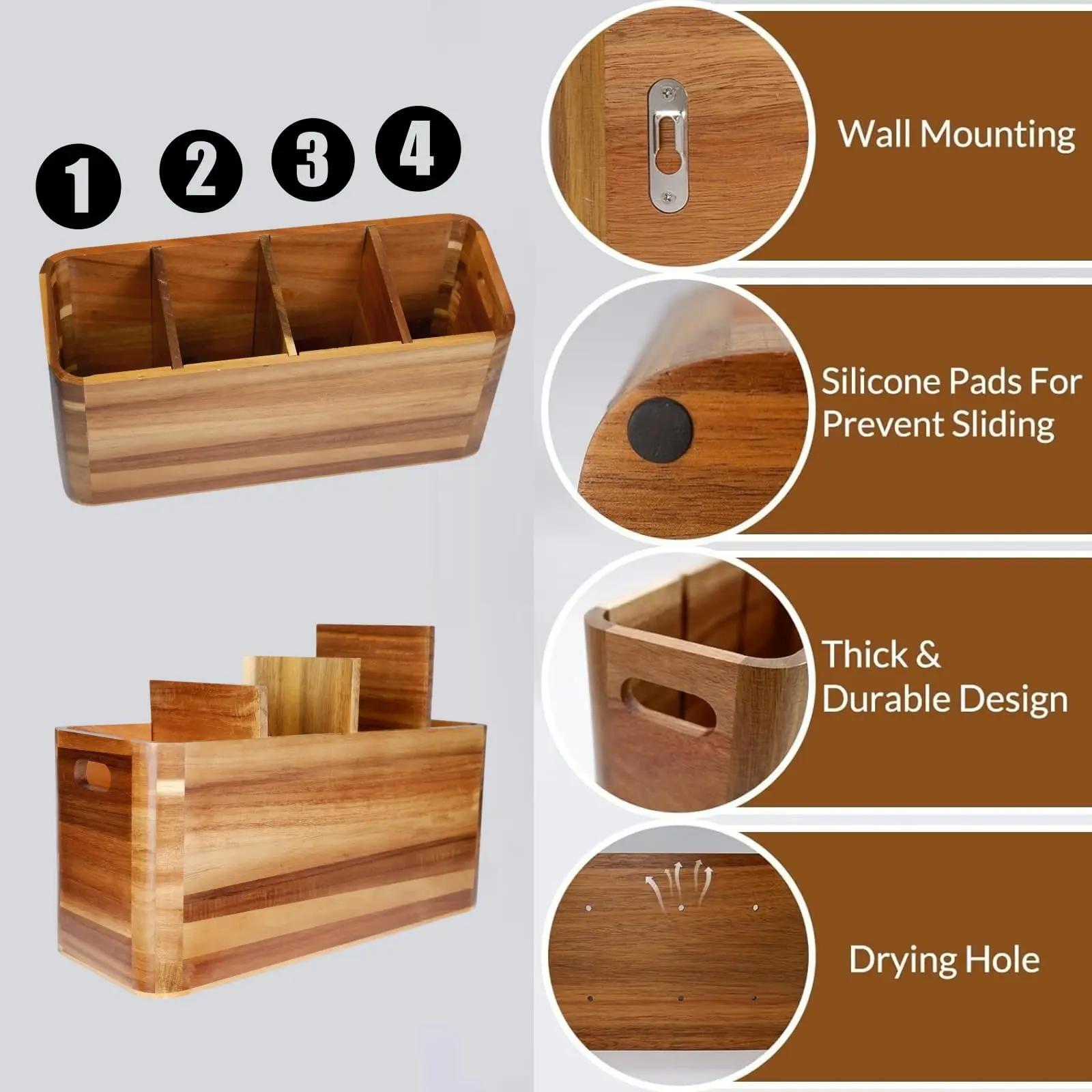Extra Large Wooden Kitchen Utensil Holder – 4-Compartment Countertop Organizer - Image 3