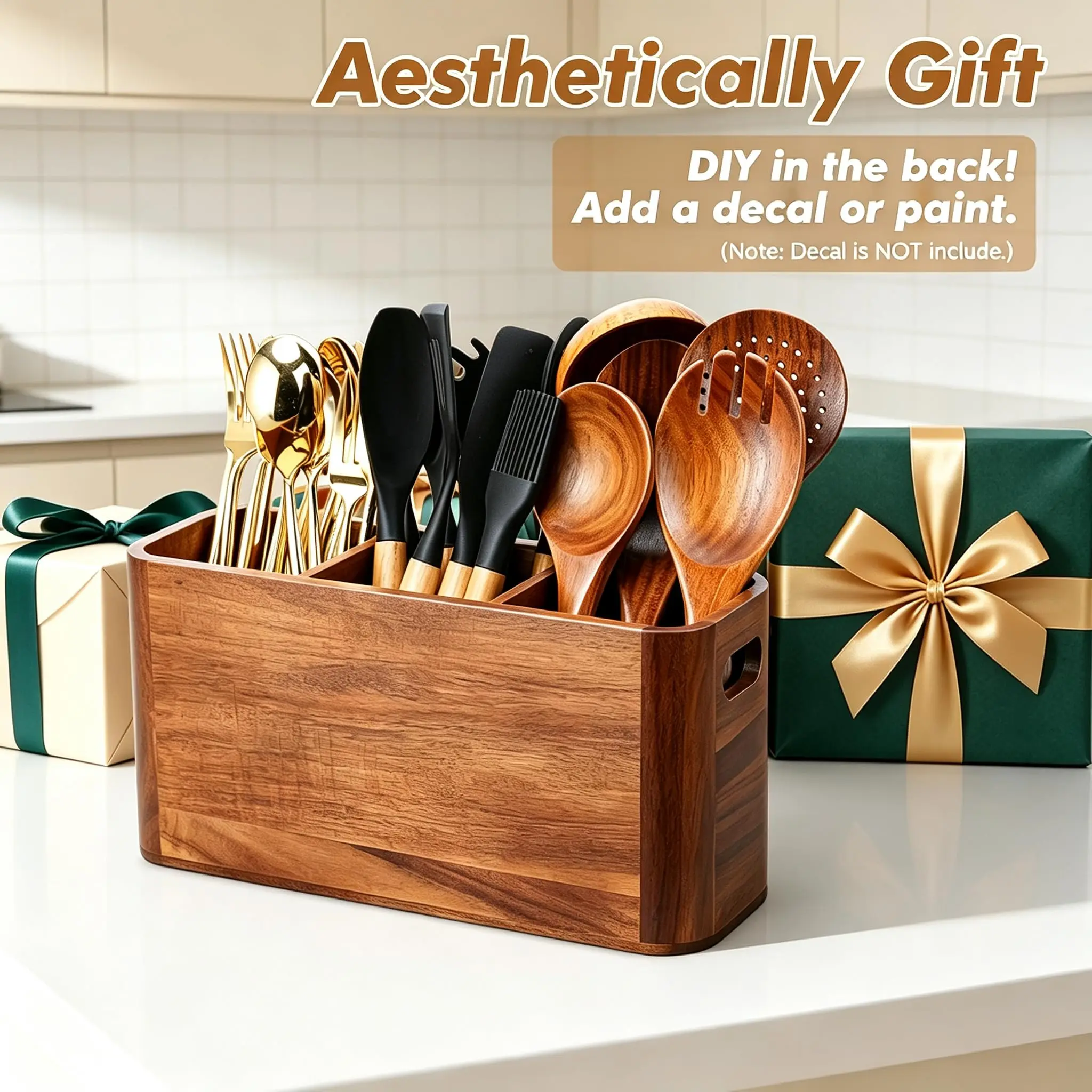 Extra Large Wooden Kitchen Utensil Holder – 4-Compartment Countertop Organizer - Image 6