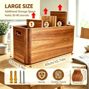 Extra Large Wooden Kitchen Utensil Holder – 4-Compartment Countertop Organizer