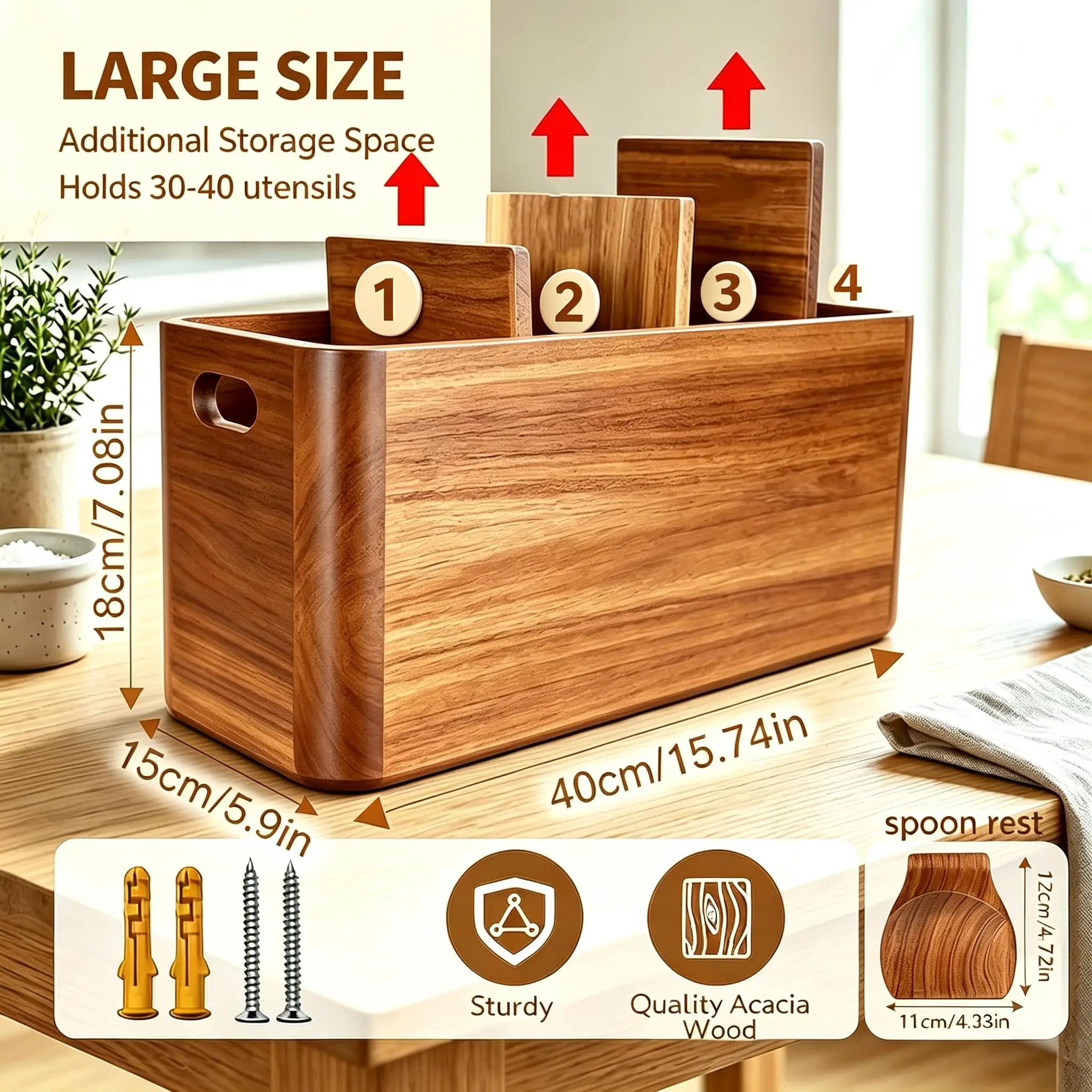 Extra Large Wooden Kitchen Utensil Holder – 4-Compartment Countertop Organizer - Image 1