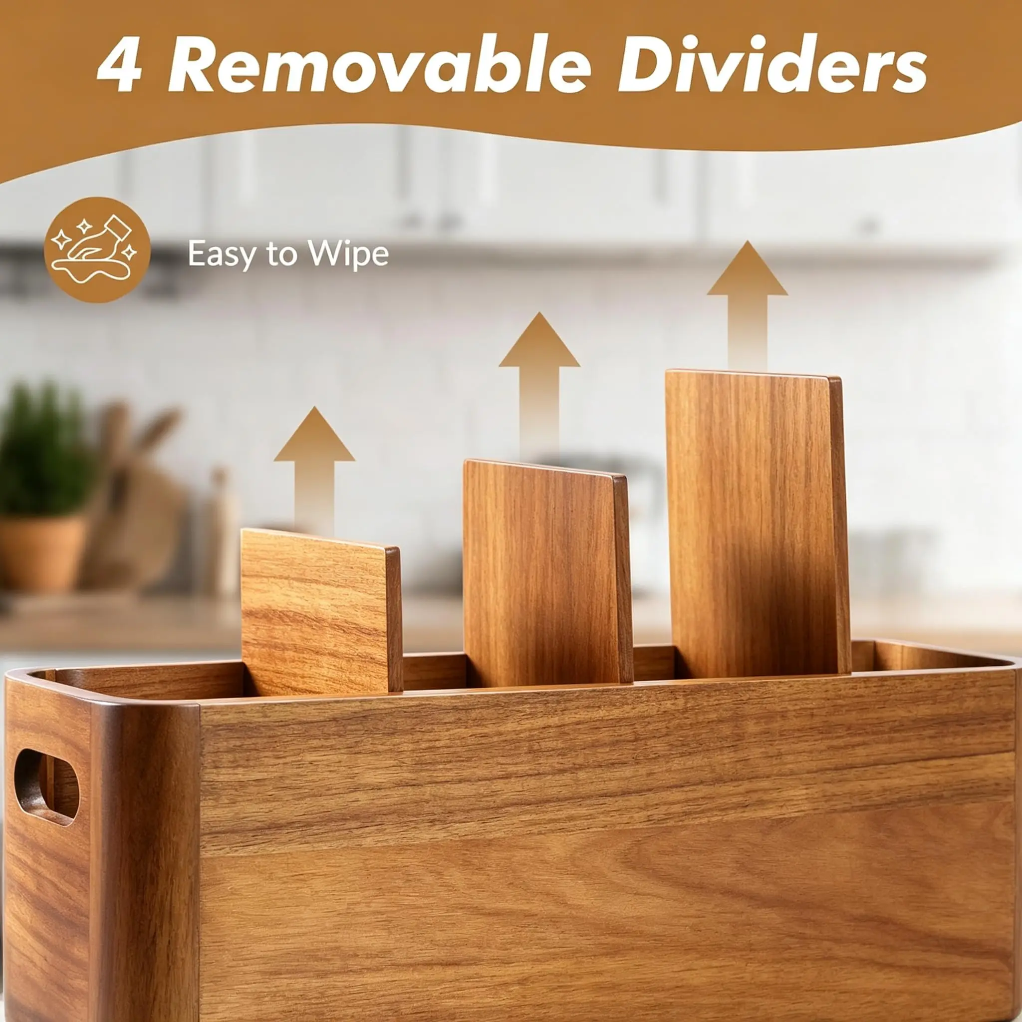 Extra Large Wooden Kitchen Utensil Holder – 4-Compartment Countertop Organizer - Image 5