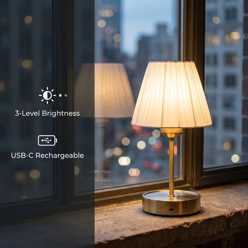 Cordless Rechargeable Table Lamps – 3 Color Modes, Touch Control & Elegant Pleated Shade - Image 1