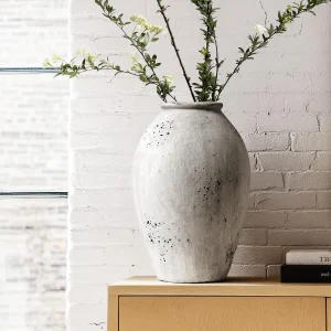 13.2-Inch Wabi-Sabi Ceramic Flower Vase – Weathered Stone Greige Decorative Vase