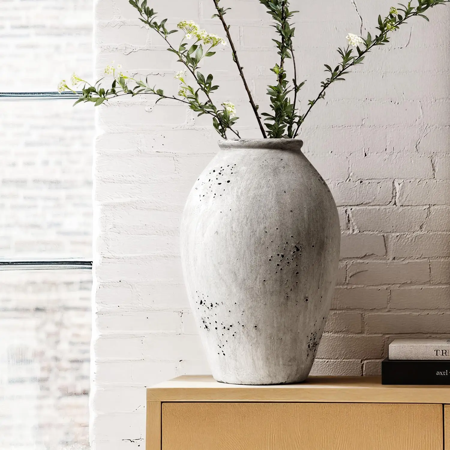 13.2-Inch Wabi-Sabi Ceramic Flower Vase – Weathered Stone Greige Decorative Vase - Image 1
