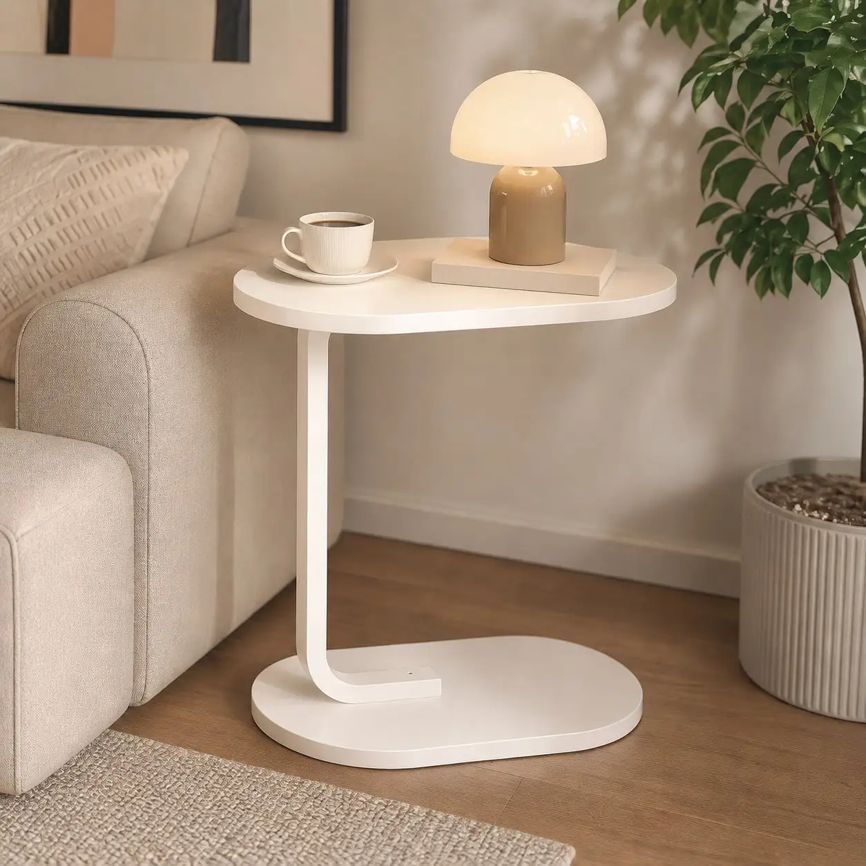 Modern C-Shaped Side Table – Compact Sofa Table with Oval Wood Top & Metal Frame - Image 1