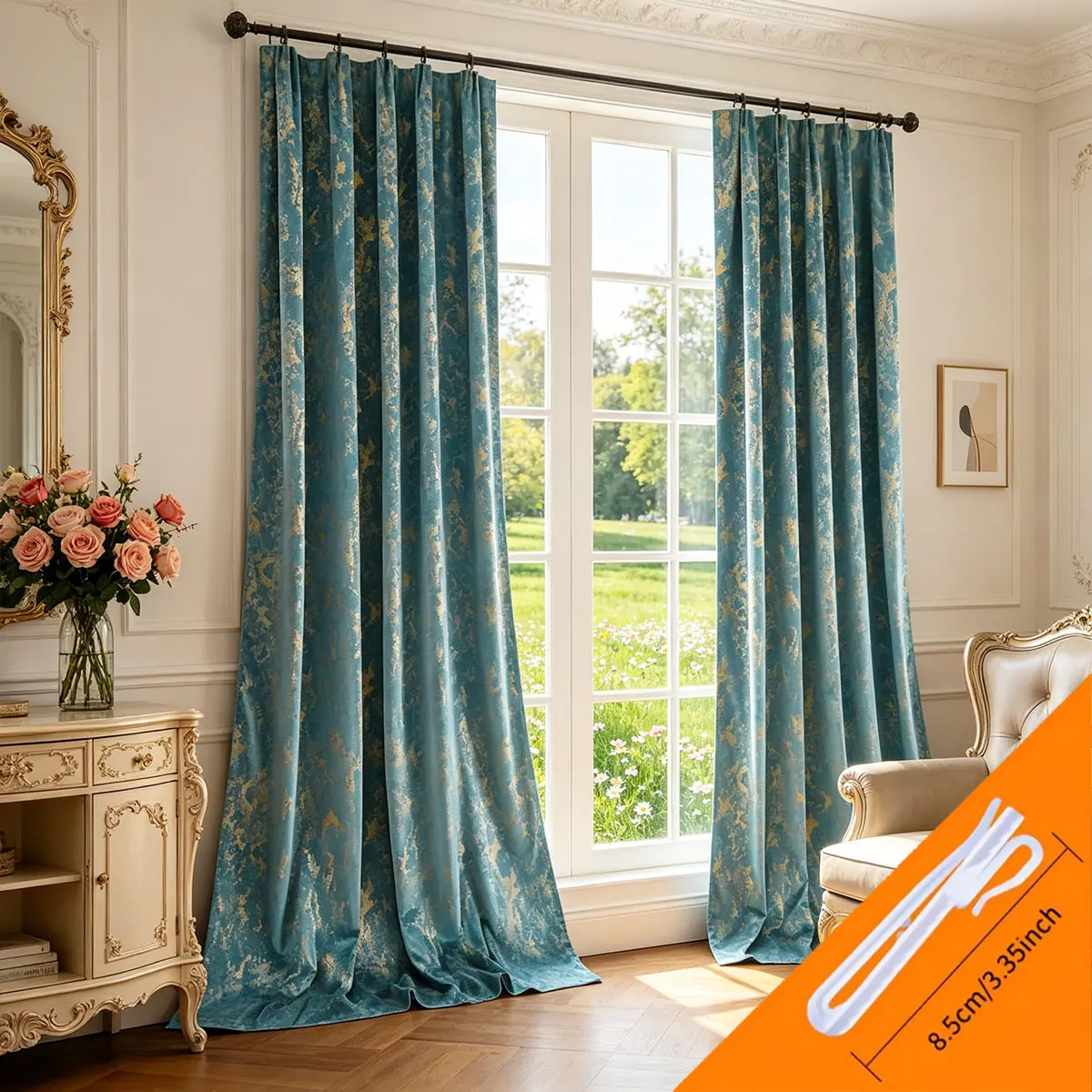 Luxury Teal & Gold Foil Velvet Blackout Curtains – 2-Panel Vintage Window Drapes - Image 4