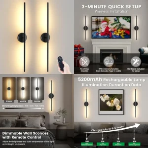 Battery-Operated Wall Sconces – Set of 2 Wireless Rechargeable Wall Lights