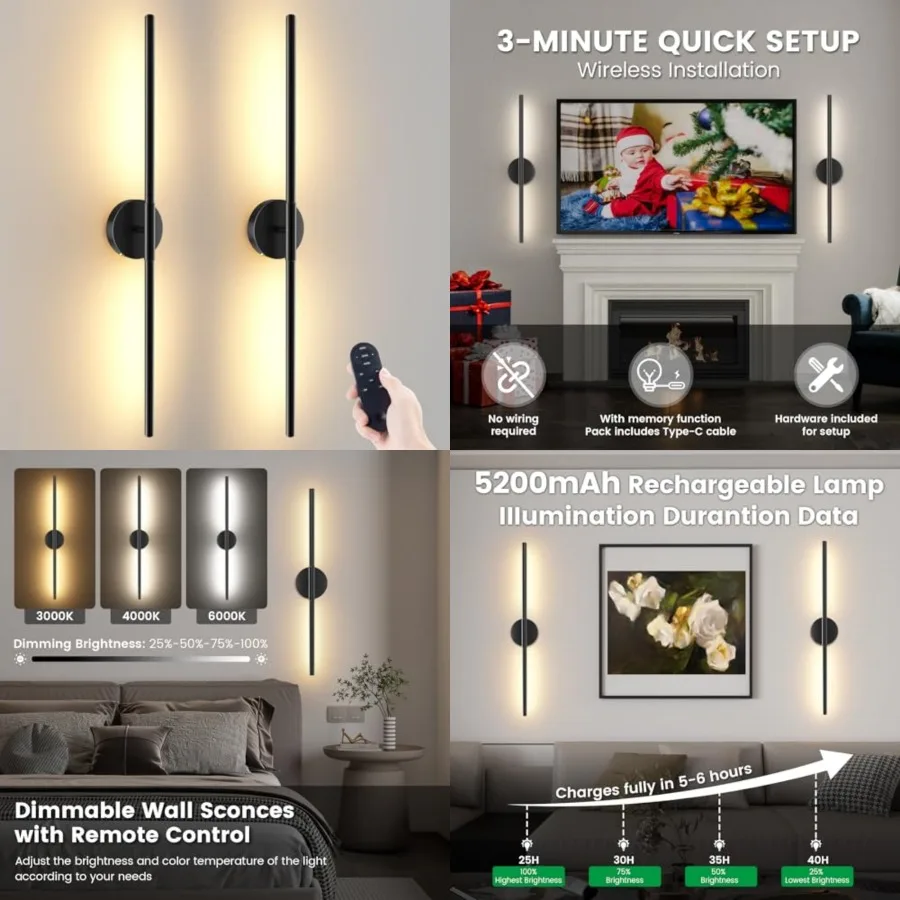 Battery-Operated Wall Sconces – Set of 2 Wireless Rechargeable Wall Lights - Image 1
