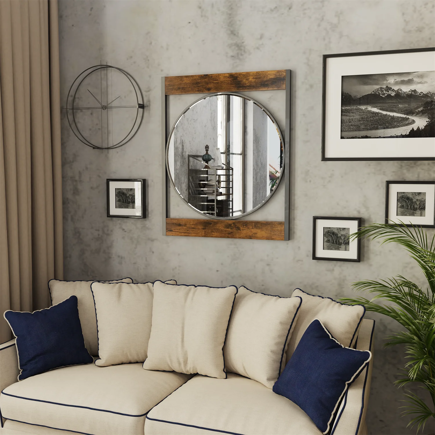 Industrial Metal & Wood Frame Wall Mirror – 63 × 76 CM Decorative Accent Mirror - Image 7