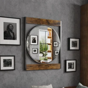 Industrial Metal & Wood Frame Wall Mirror – 63 × 76 CM Decorative Accent Mirror