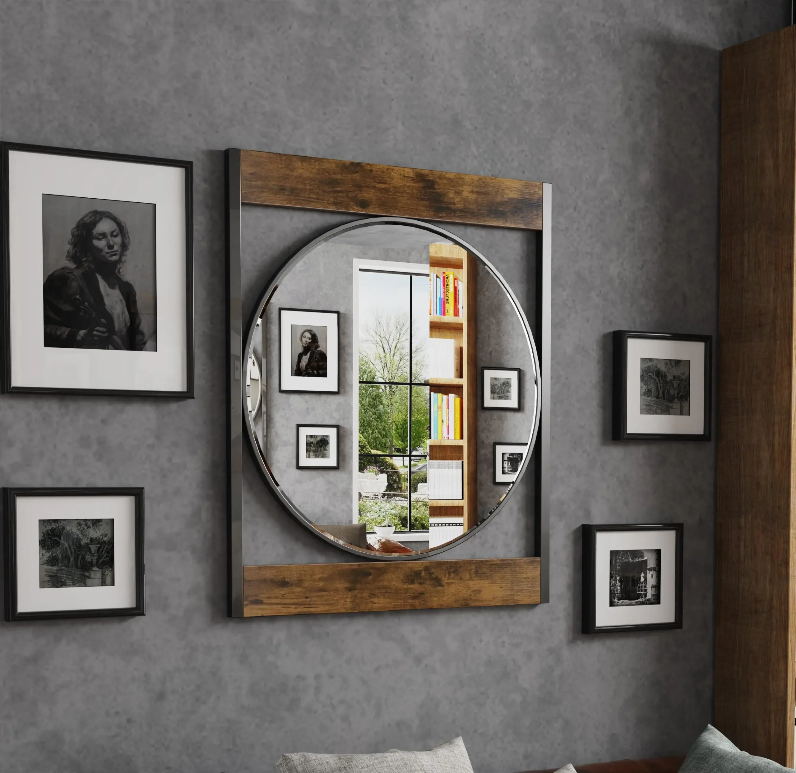 Industrial Metal & Wood Frame Wall Mirror – 63 × 76 CM Decorative Accent Mirror - Image 1