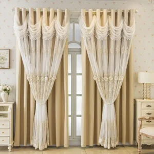 Luxury French Romantic Beige Blackout Curtains – 3D Floral Embroidery & Elegant Lace Valance - Thumbnail Image 3