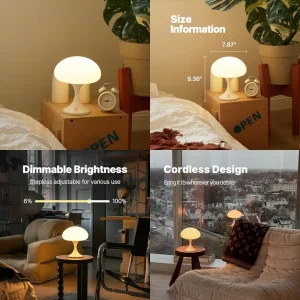 Retro Mushroom LED Rechargeable Table Lamp – Cordless & Dimmable - Thumbnail Image 2