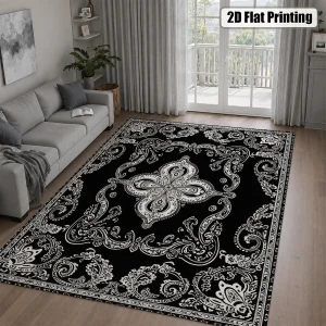 Black & White Vintage Paisley Area Rug – Soft Velvet, Non-Slip & Machine Washable - Thumbnail Image 3
