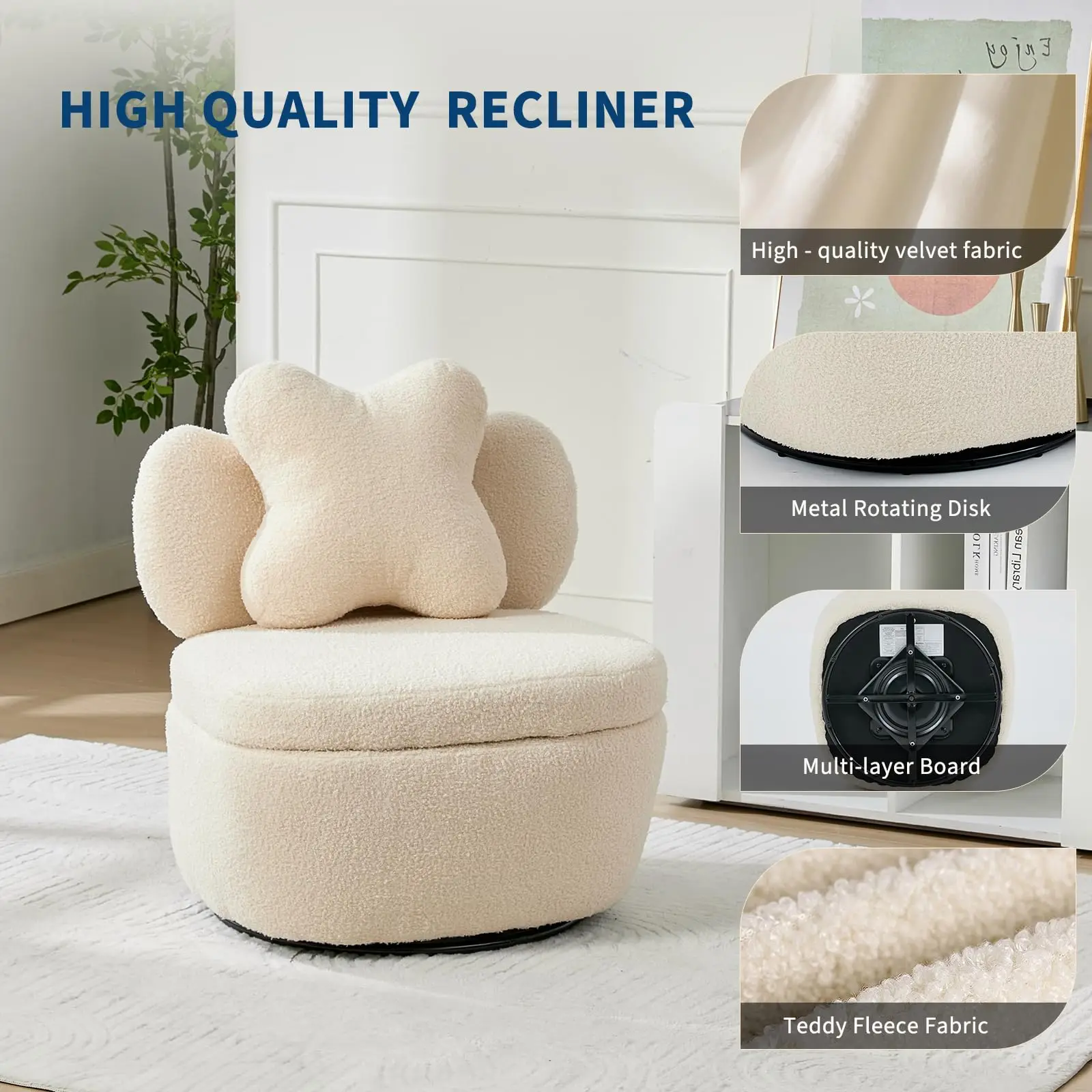 360° Swivel Accent Chair with Hidden Storage – Teddy Velvet Heart-Back Armchair - Image 5