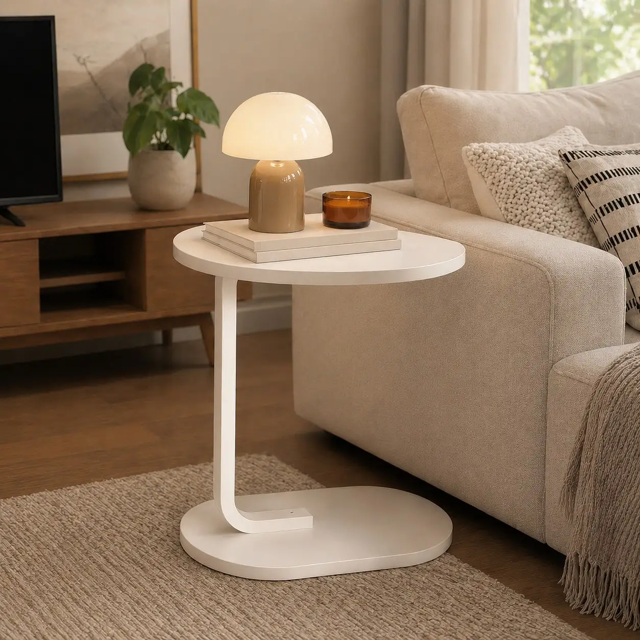 Modern C-Shaped Side Table – Compact Sofa Table with Oval Wood Top & Metal Frame - Image 2