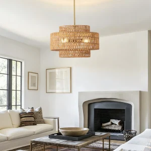 17.7" 4-Light Woven Rattan-Look Chandelier – Boho Drum Pendant Light - Thumbnail Image 3
