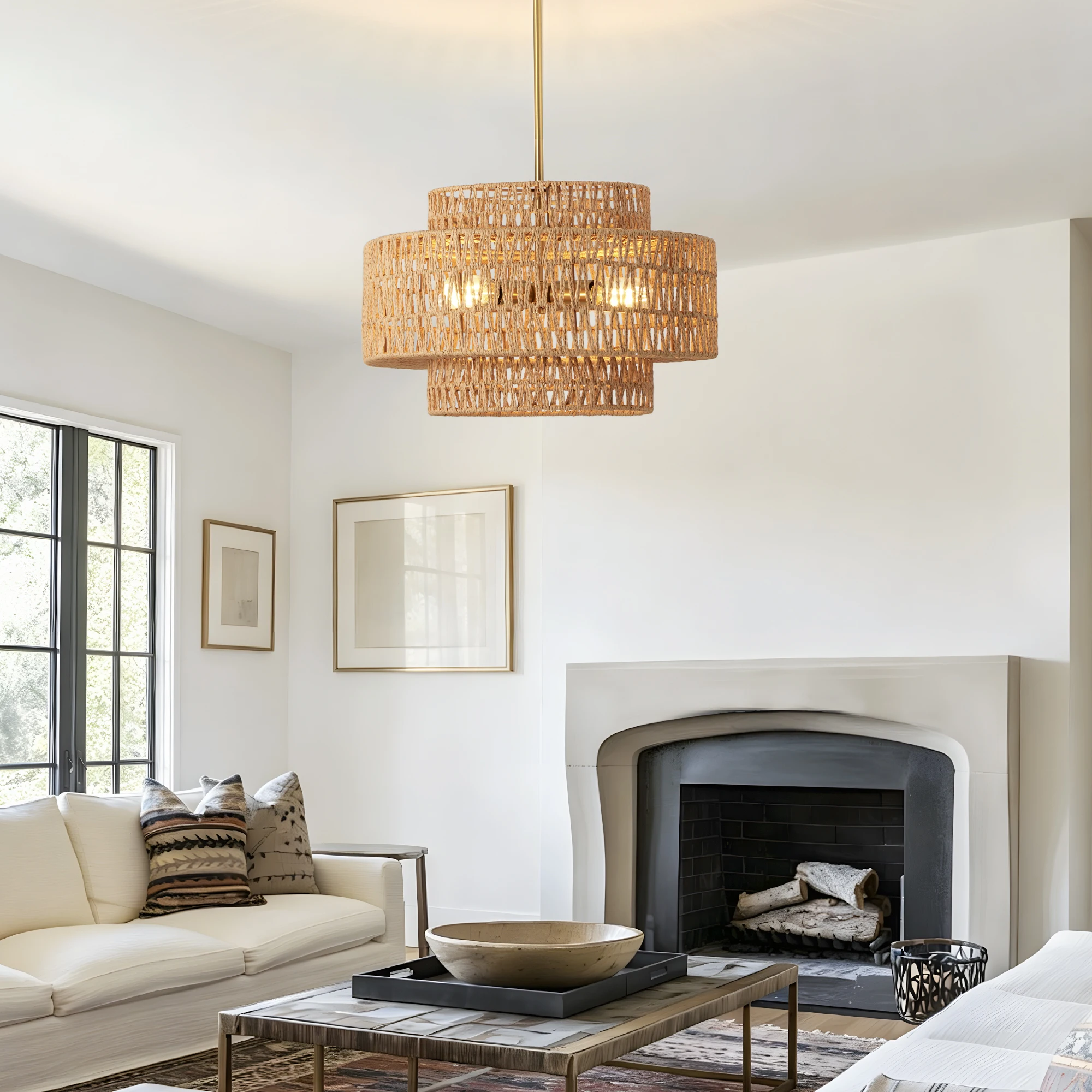 17.7" 4-Light Woven Rattan-Look Chandelier – Boho Drum Pendant Light - Image 3