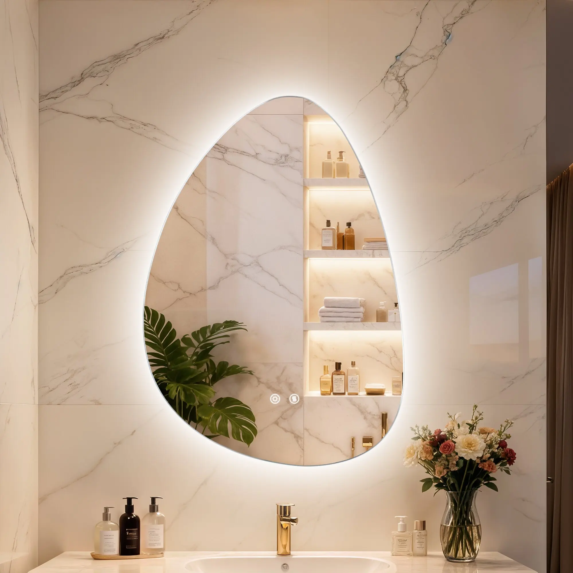 Modern LED Pebble-Shaped Bathroom Mirror – 3-Color Lighting & Anti-Fog Design - Image 1