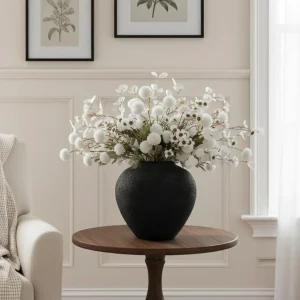 Round Black Pottery Vase – Large Rustic Decorative Home Accent