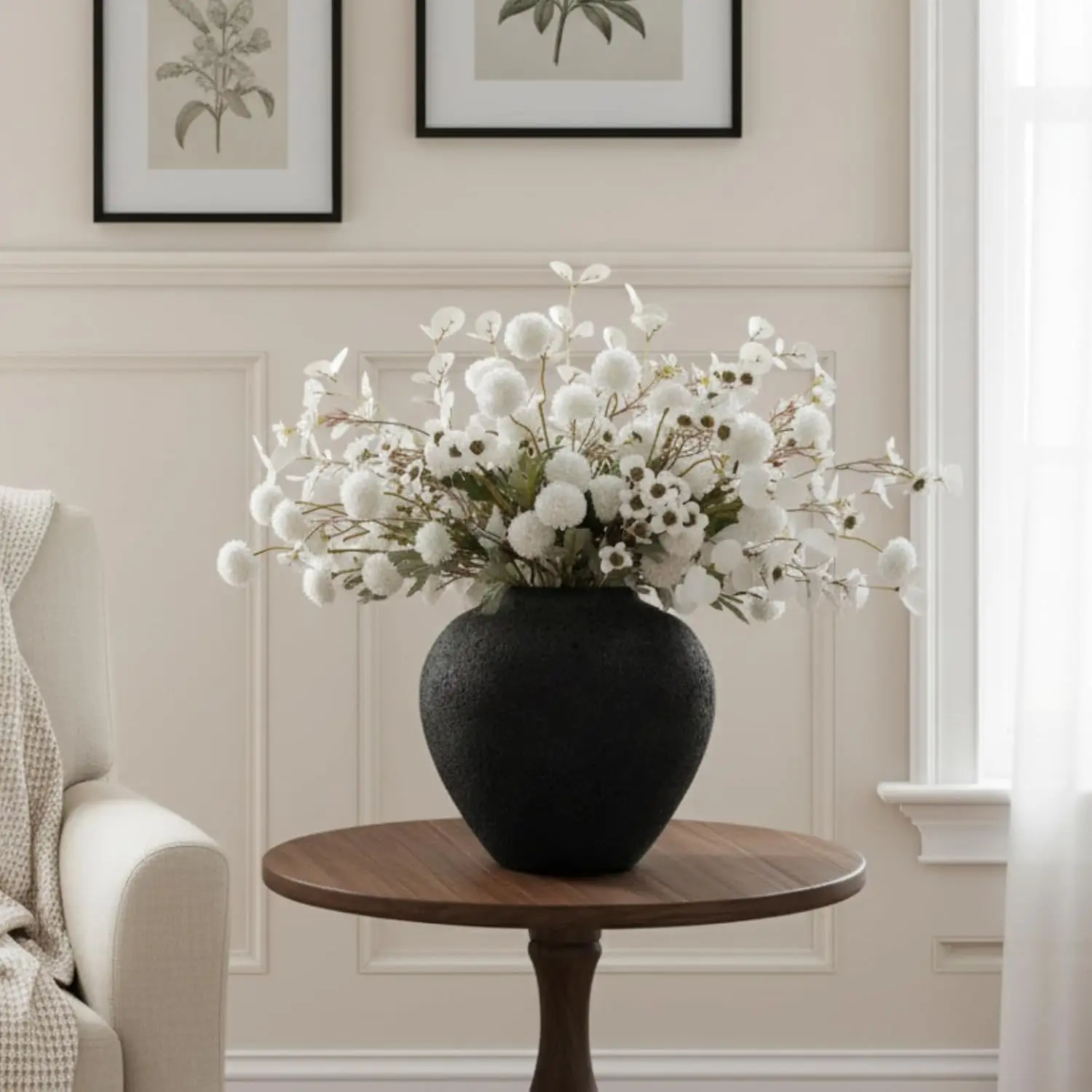 Round Black Pottery Vase – Large Rustic Decorative Home Accent - Image 1