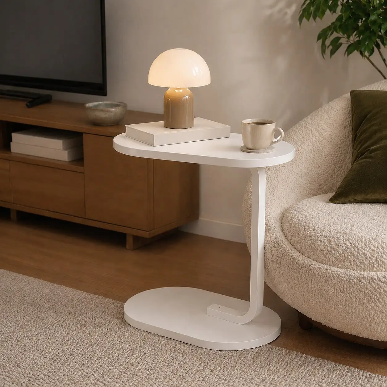 Modern C-Shaped Side Table – Compact Sofa Table with Oval Wood Top & Metal Frame - Image 3