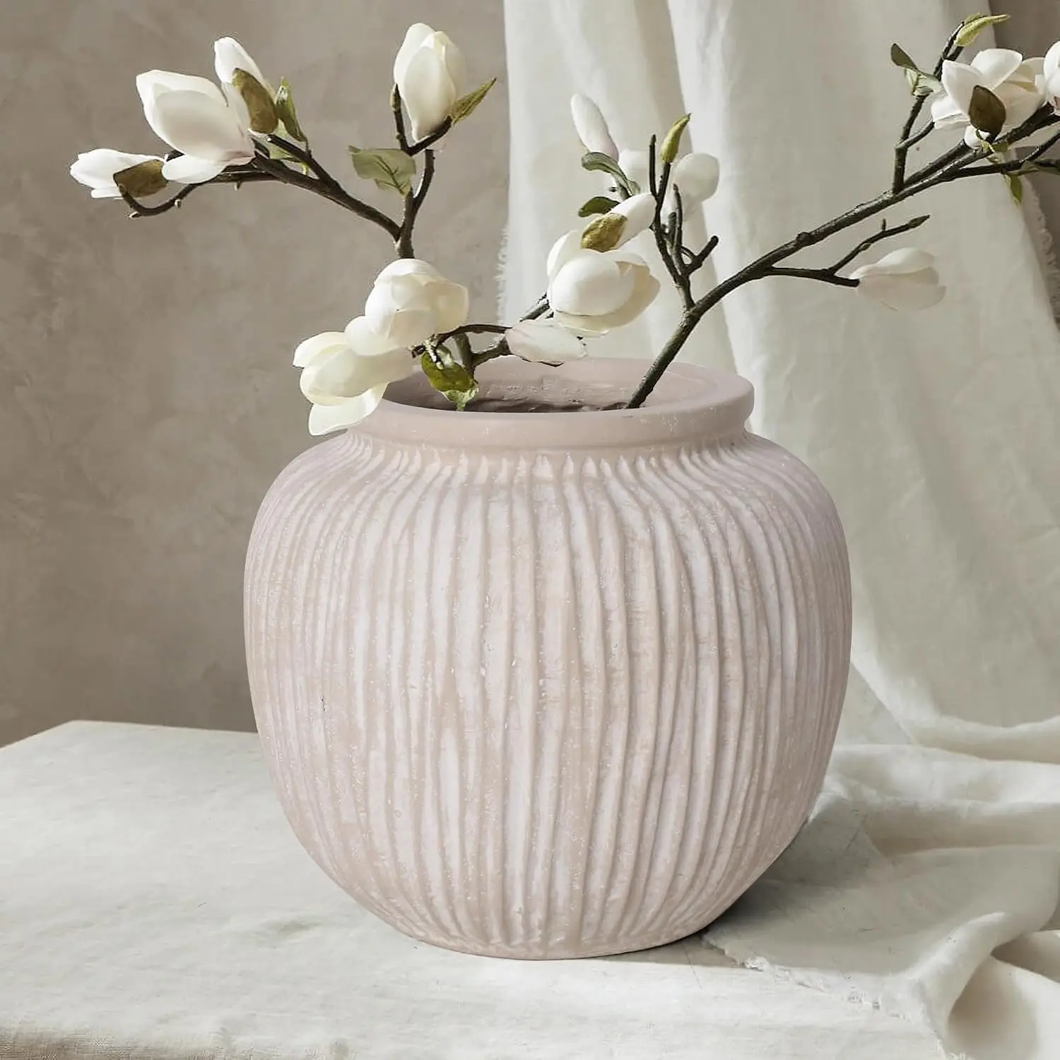 Rustic Round Floor Vase – 9-Inch Distressed White Decorative Home Accent - Image 6