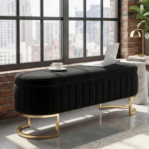 51" Velvet Tufted Storage Ottoman Bench – Elegant Flip-Top Bench with Gold Metal Legs - Thumbnail Image 6