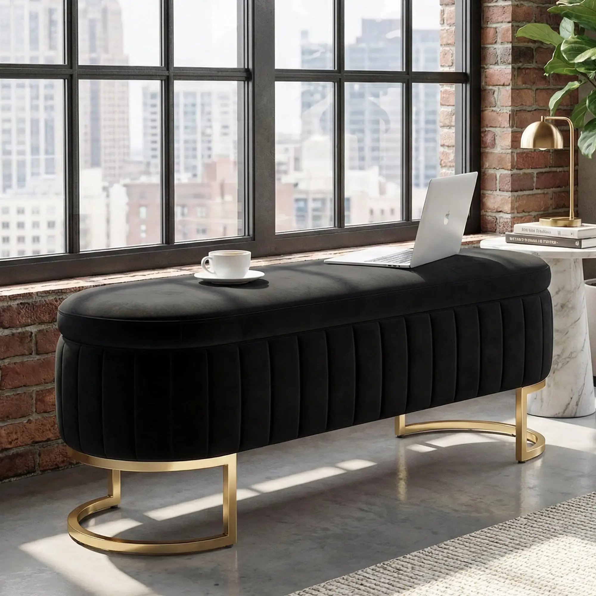51" Velvet Tufted Storage Ottoman Bench – Elegant Flip-Top Bench with Gold Metal Legs - Image 6