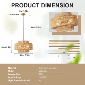 17.7" 4-Light Woven Rattan-Look Chandelier – Boho Drum Pendant Light - Thumbnail Image 2