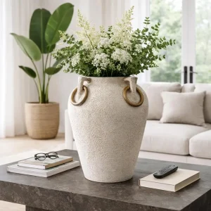 Large Rustic Pottery Floor Vase – 26-Inch Textured Ivory & Tan Vase with Mango Wood Ring Handles