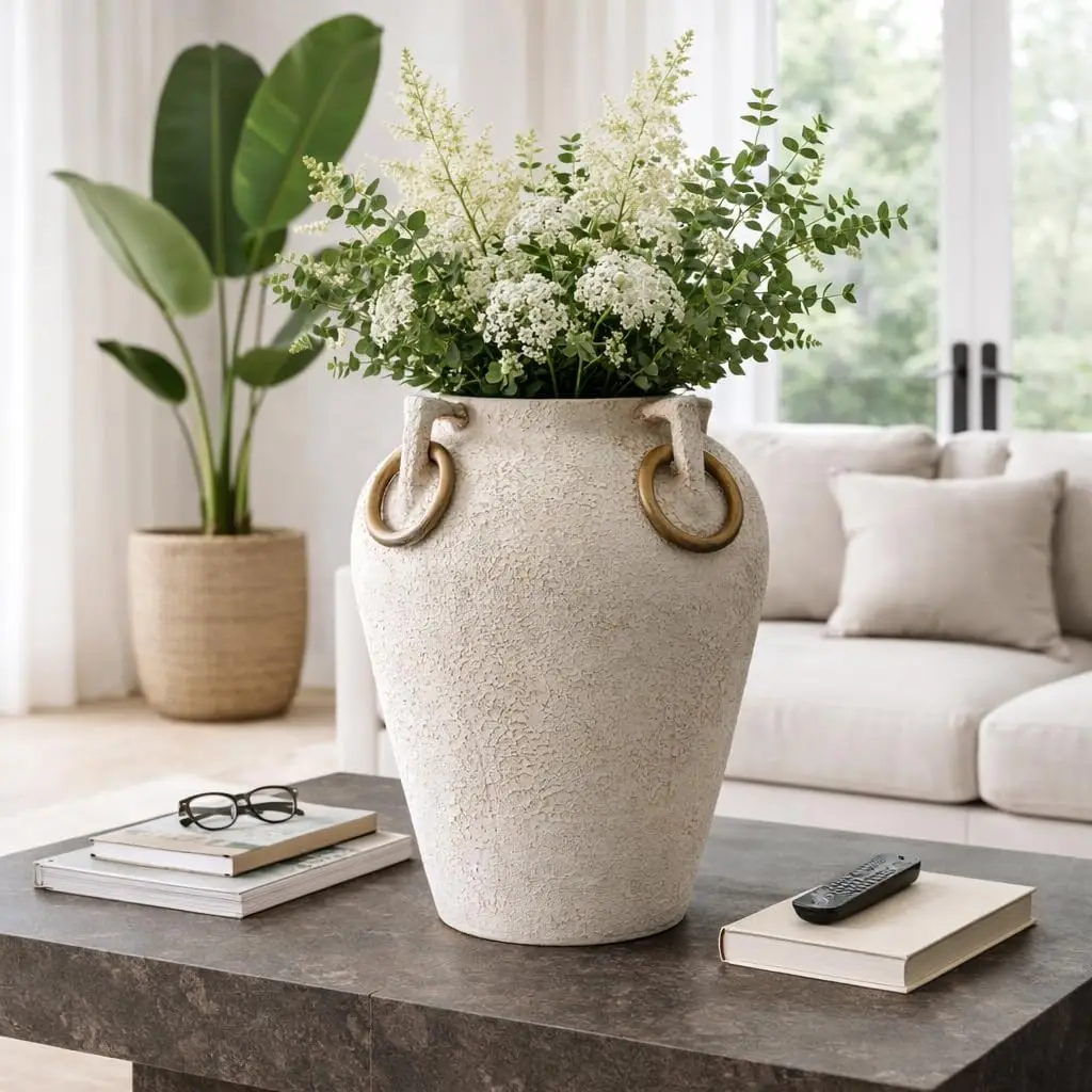 Large Rustic Pottery Floor Vase – 26-Inch Textured Ivory & Tan Vase with Mango Wood Ring Handles - Image 1