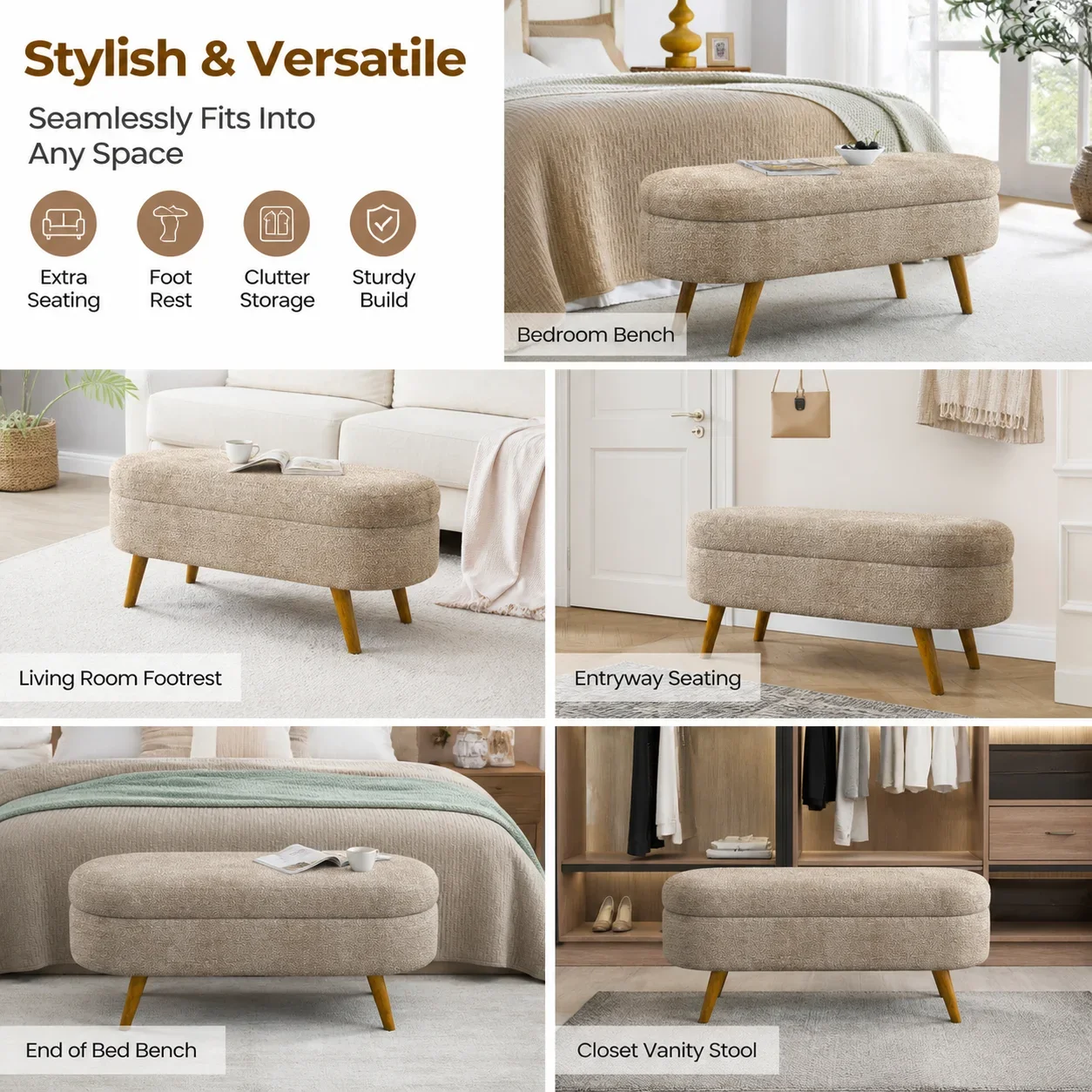 43.5" Bouclé Storage Bench – Elegant Oval Upholstered Ottoman with Hidden Storage - Image 5