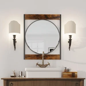 Industrial Metal & Wood Frame Wall Mirror – 63 × 76 CM Decorative Accent Mirror - Thumbnail Image 3
