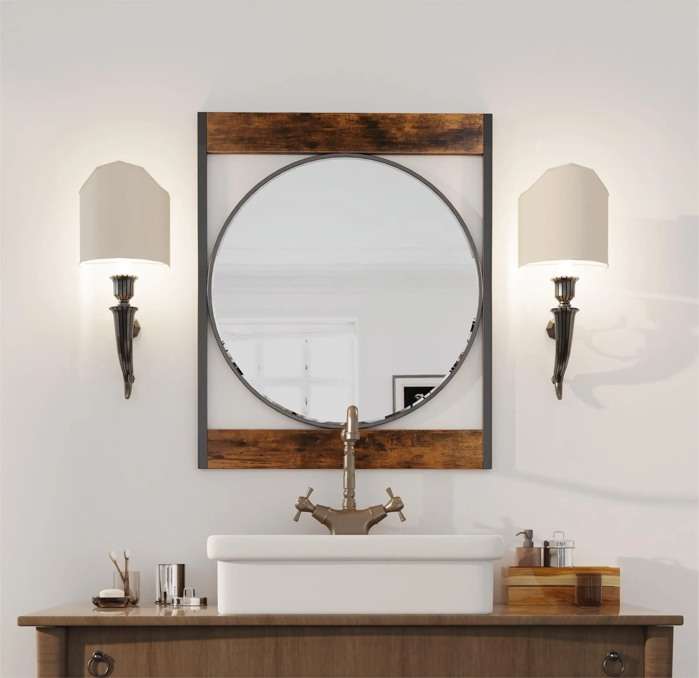 Industrial Metal & Wood Frame Wall Mirror – 63 × 76 CM Decorative Accent Mirror - Image 3