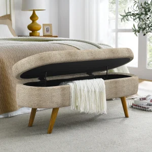 43.5" Bouclé Storage Bench – Elegant Oval Upholstered Ottoman with Hidden Storage