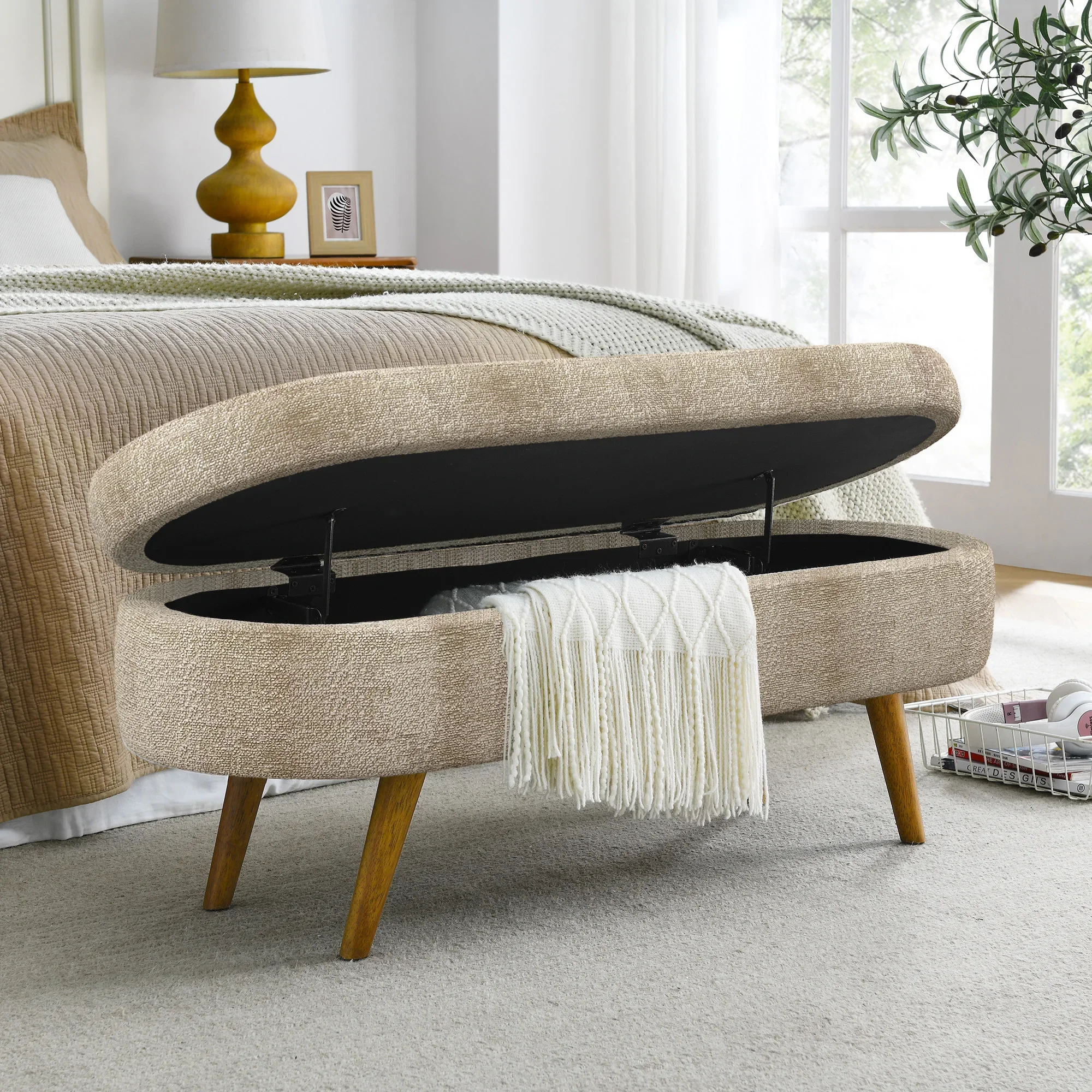 43.5" Bouclé Storage Bench – Elegant Oval Upholstered Ottoman with Hidden Storage - Image 1