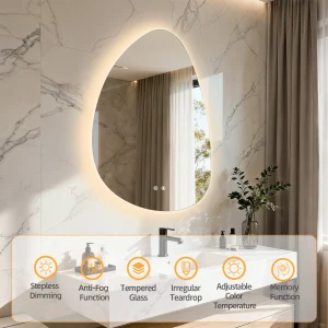 Modern LED Pebble-Shaped Bathroom Mirror – 3-Color Lighting & Anti-Fog Design - Thumbnail Image 4