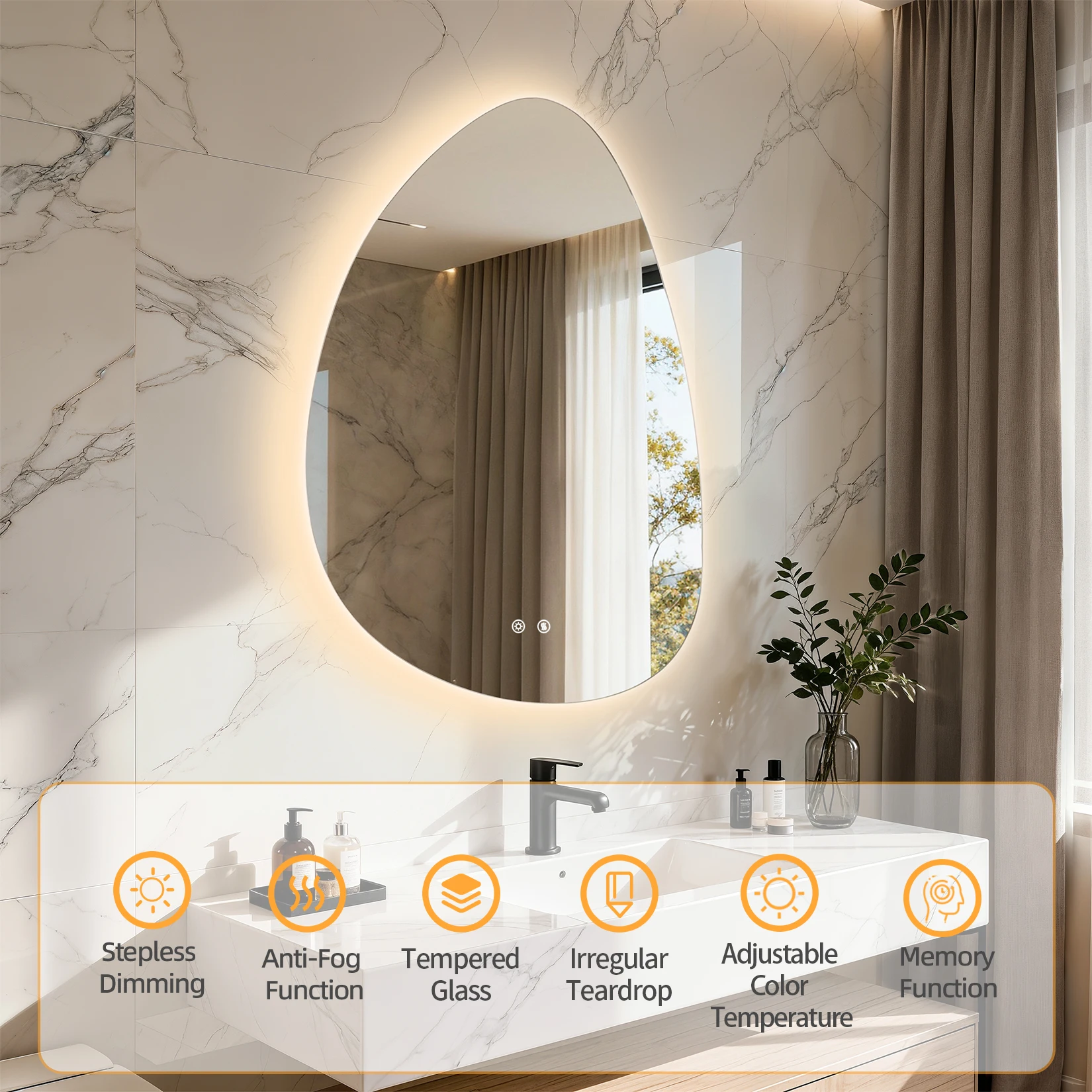 Modern LED Pebble-Shaped Bathroom Mirror – 3-Color Lighting & Anti-Fog Design - Image 4