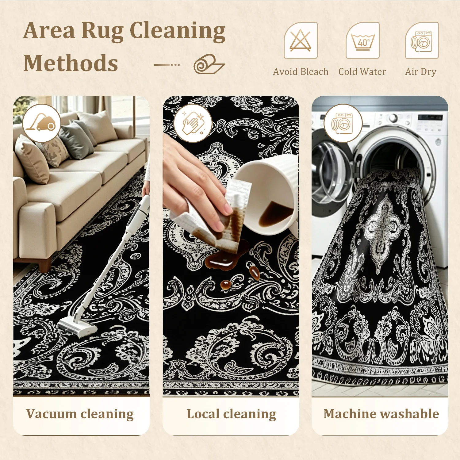 Black & White Vintage Paisley Area Rug – Soft Velvet, Non-Slip & Machine Washable - Image 7