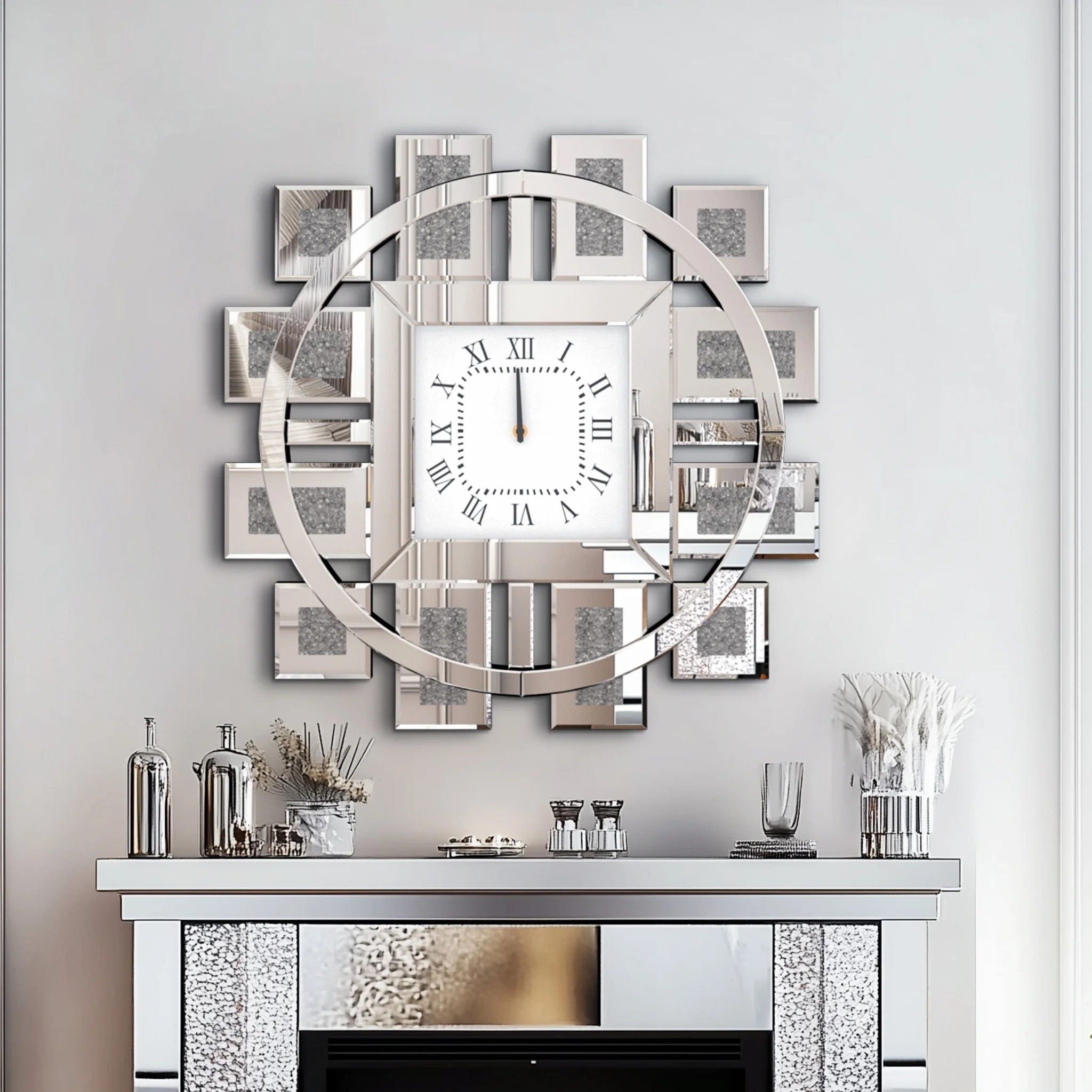 Elegant 24" Crushed Diamond Wall Clock – Silver Mirror Finish - Image 2