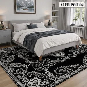 Black & White Vintage Paisley Area Rug – Soft Velvet, Non-Slip & Machine Washable - Thumbnail Image 5