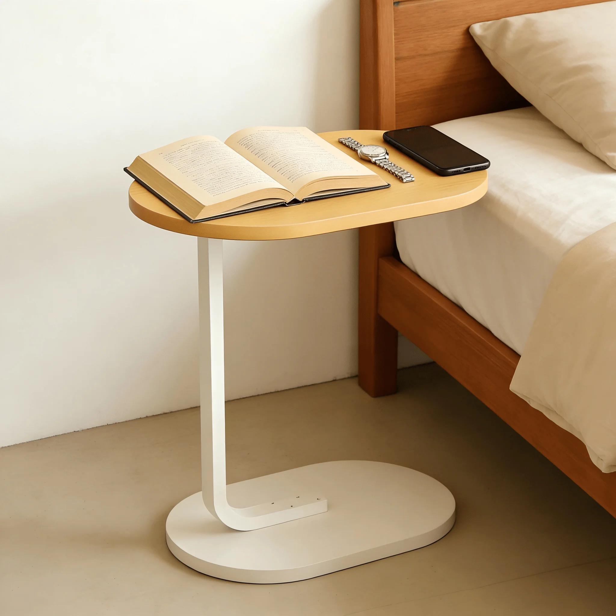 Modern C-Shaped Side Table – Compact Sofa Table with Oval Wood Top & Metal Frame - Image 5