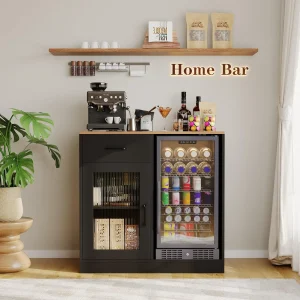 Modern Coffee Bar Cabinet with Mini Fridge Space – Stylish Home Beverage Station - Thumbnail Image 2