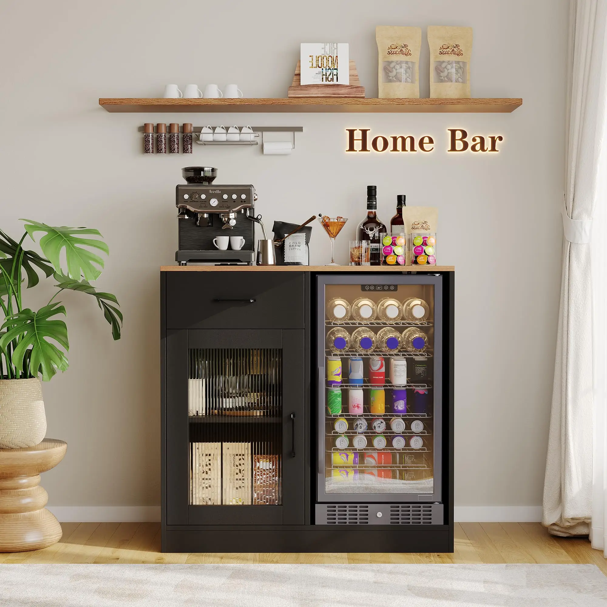 Modern Coffee Bar Cabinet with Mini Fridge Space – Stylish Home Beverage Station - Image 2