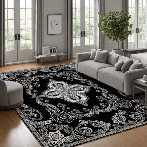 Black & White Vintage Paisley Area Rug – Soft Velvet, Non-Slip & Machine Washable