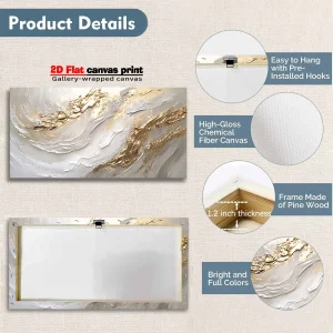 White & Gold Canvas Wall Art – Modern Abstract Textured Wave Design - Thumbnail Image 7